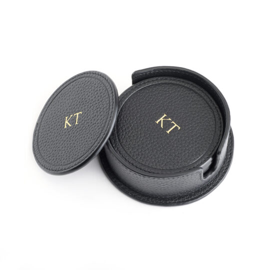 6 Round Coasters in Leather Holder