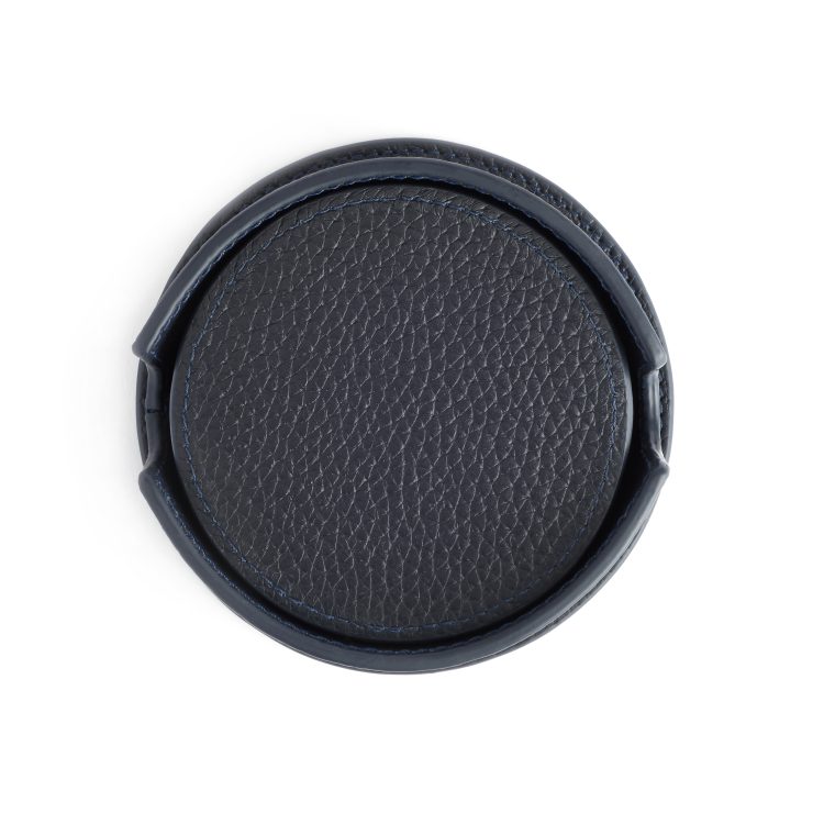 6 Round Coasters in Leather Holder, blue