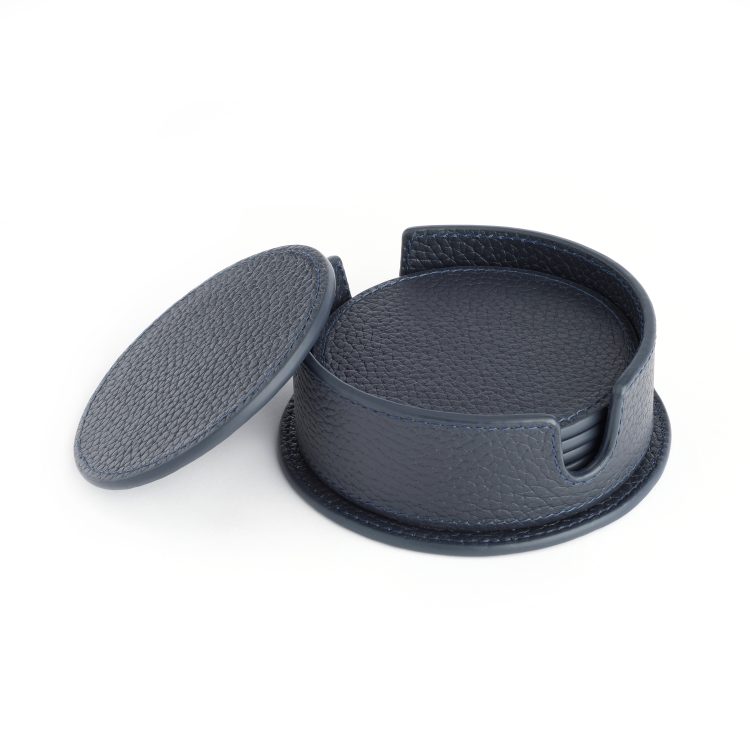 6 Round Coasters in Leather Holder, blue