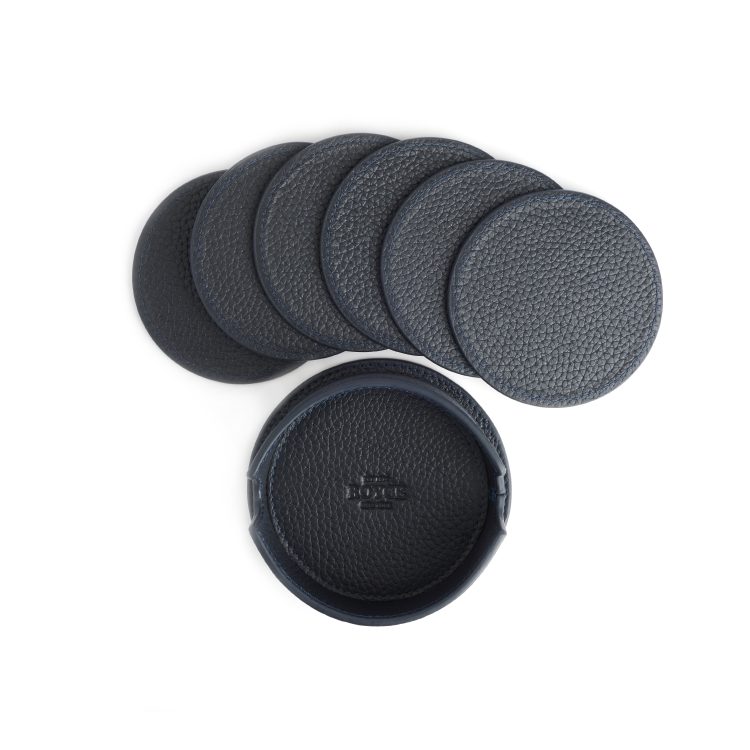6 Round Coasters in Leather Holder, blue