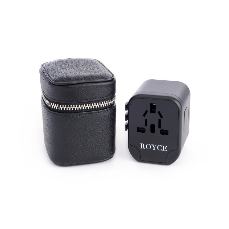 International Travel Adapter and Leather Case, black-pebble