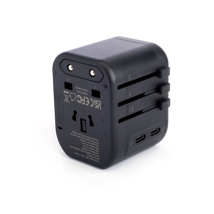 International Travel Adapter and Leather Case, silver