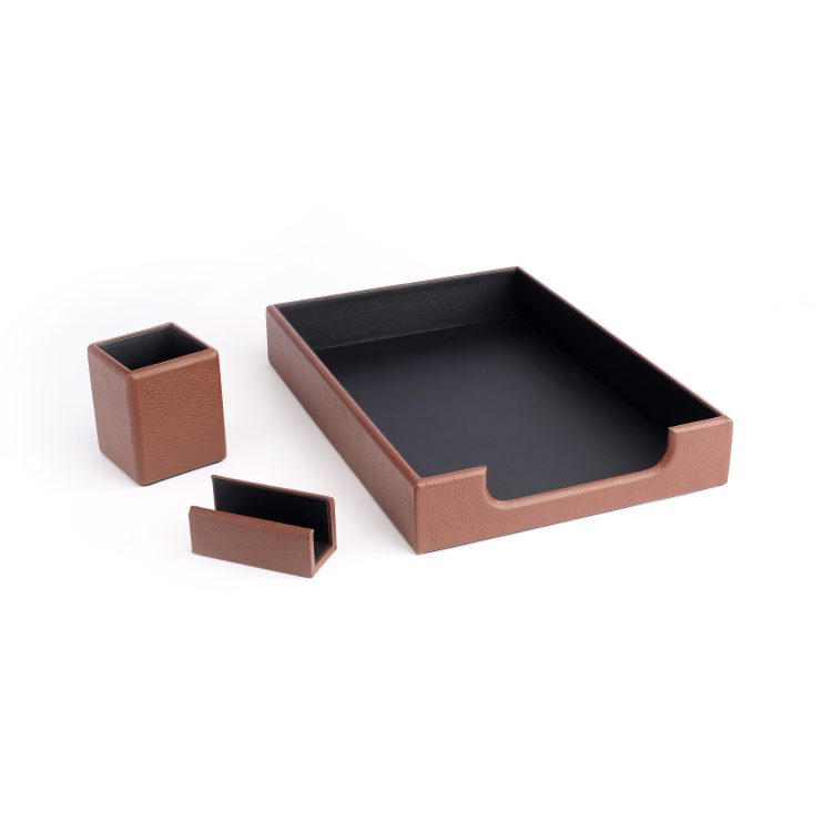 Desk Set: Letter Tray, Pencil Cup and Card Holder, tan
