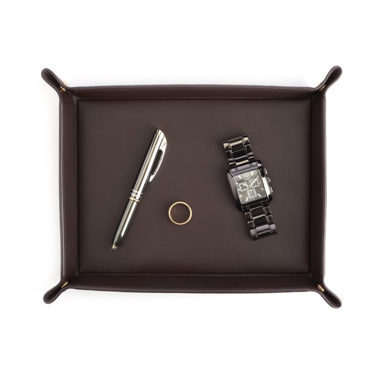 Royce New York Large Leather Catchall Valet Tray - Navy Blue