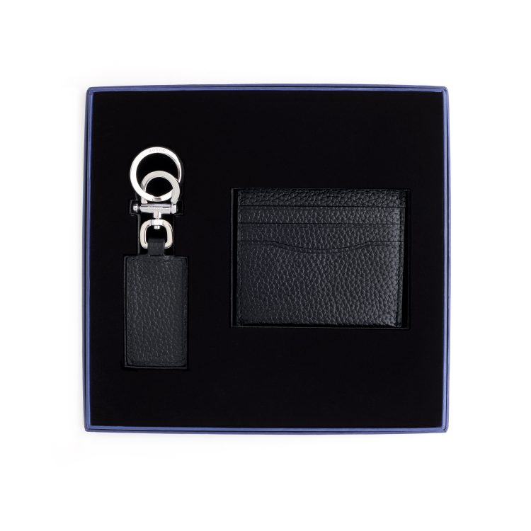 RFID Leather Cardholder Wallet & Keychain Gift Set, black-pebble