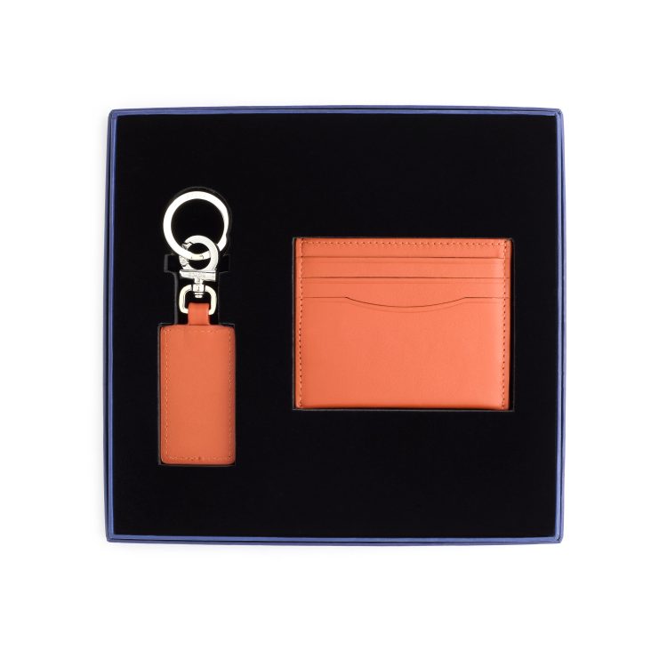 RFID Leather Cardholder Wallet & Keychain Gift Set, orange