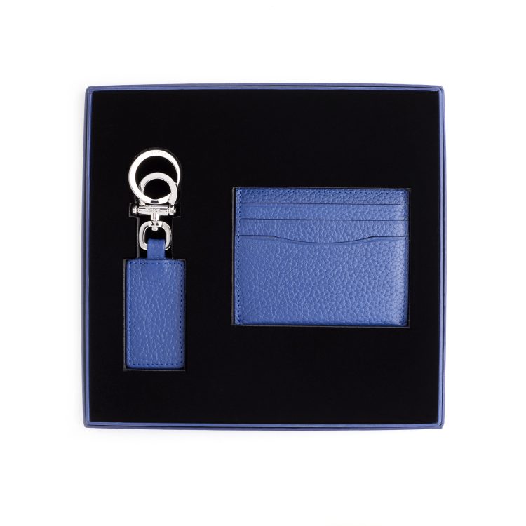 RFID Leather Cardholder Wallet & Keychain Gift Set, cobalt-blue