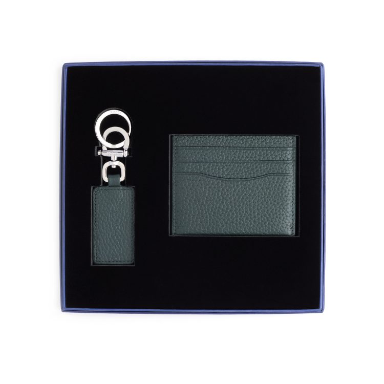 RFID Leather Cardholder Wallet & Keychain Gift Set, dark-green
