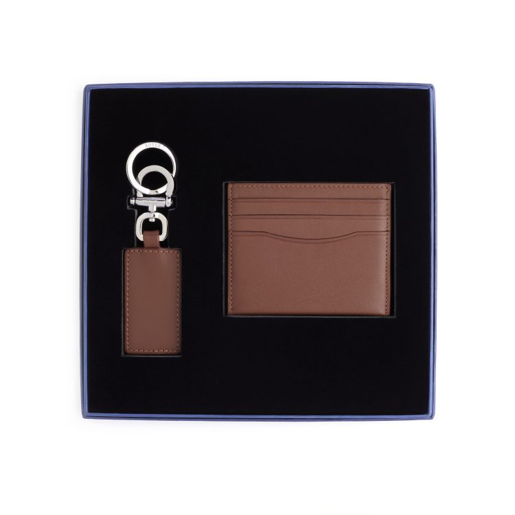 RFID Leather Cardholder Wallet & Keychain Gift Set, tan